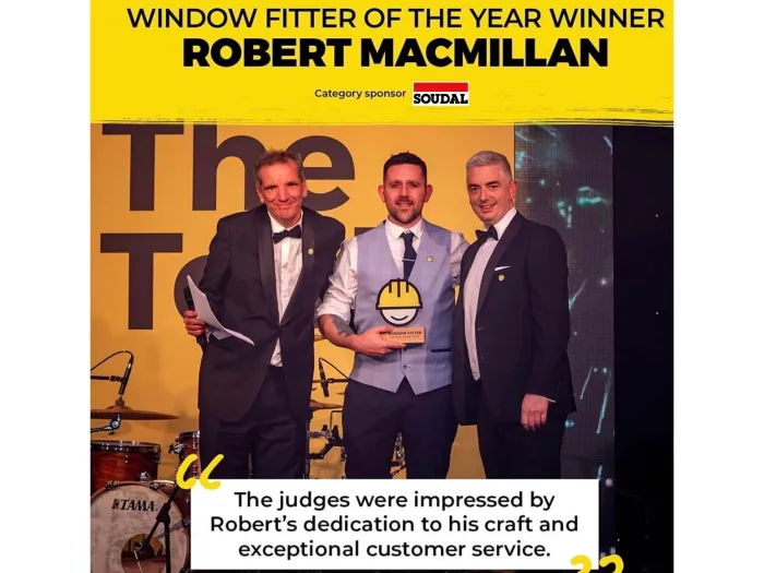 Robert MacMillan Receives his award for Window Fitter of the Year 2024 at the On The Tools Awards sponsored by Soudal 