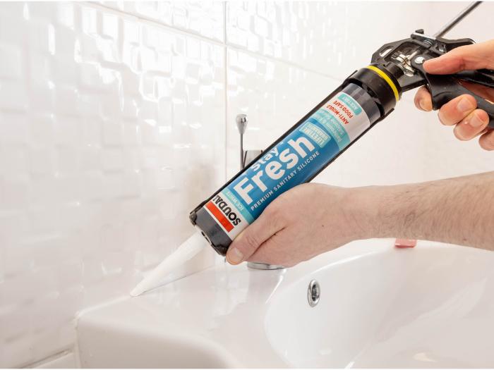 Stay Fresh Acetoxy Sanitary Silicone for use in sealing sinks in bathrooms